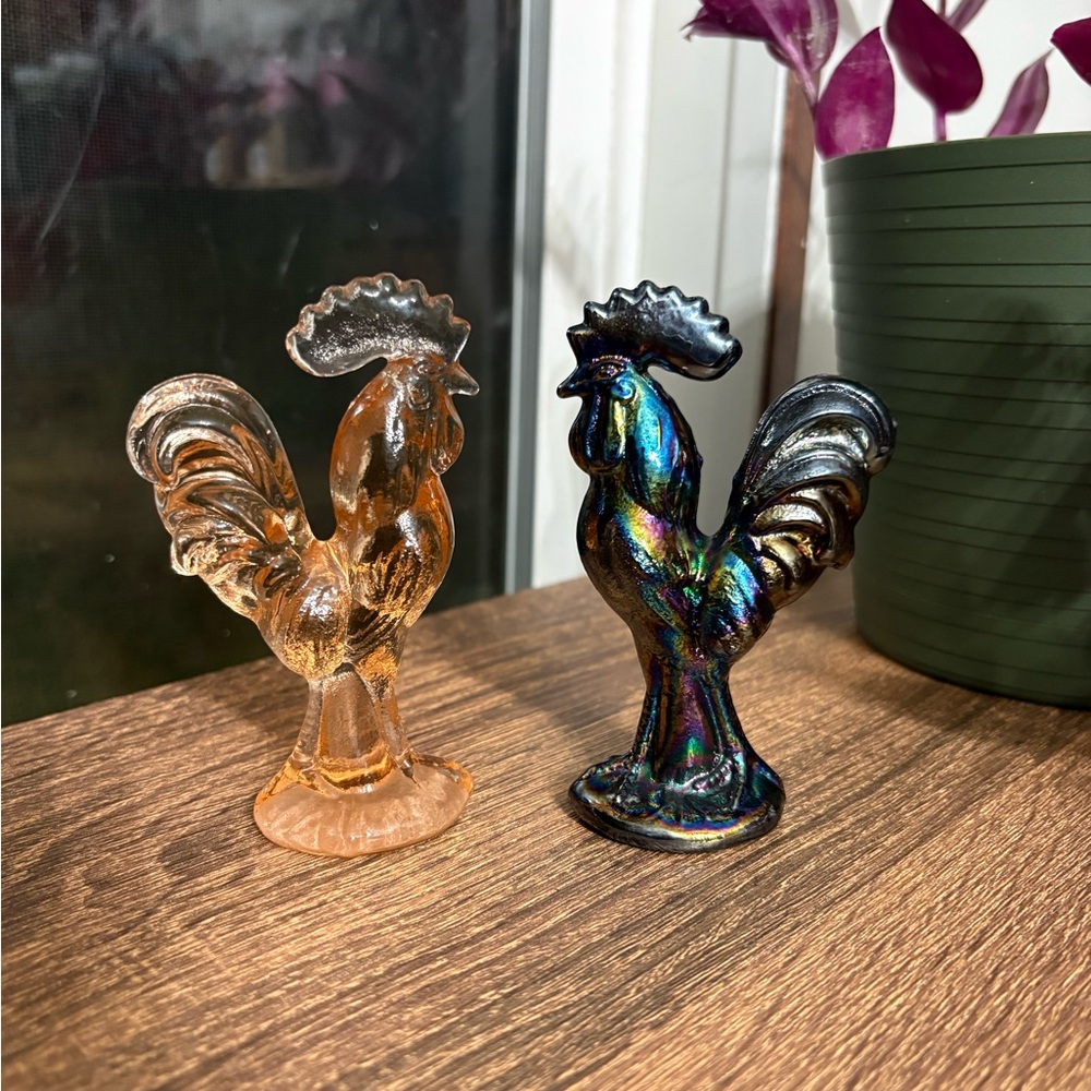 Set of Two Glass Rooster Figurines